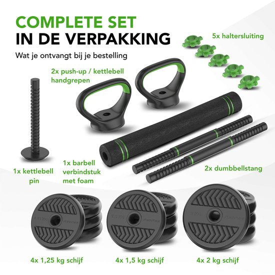 Ensemble d'haltères Tunturi et haltères Vinyl 20 kg - Ensemble d'haltères avec Kettlebell et Barbell - Supports de pompes - Fermeture à vis 30 mm - Poignée antidérapante