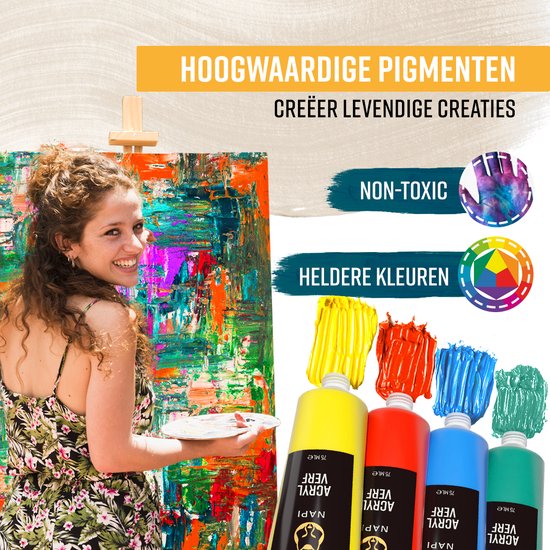 NAPI Peinture Acrylique 12x75 ML - Grandes Bouteilles - Cercle de couleurs inclus - Set Advantage - Peinture Hobby - Peinture Acrylique - 12 Couleurs
