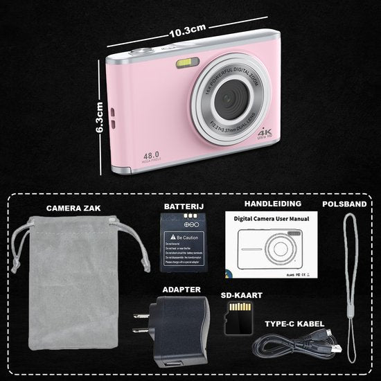 K&L Digital Camera 4K - Caméra fixe - Caméra photo - Caméra compacte - Caméra Vlog - Pour les enfants - Comprend 64 Go - NL Software - Rose