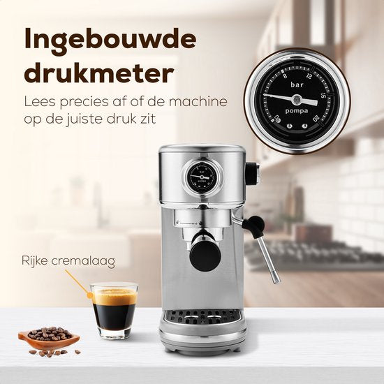 KitchenLove Piston Machine - Machine à espresso en acier inoxydable - 20 Bar - Manuelle - Avec buse vapeur