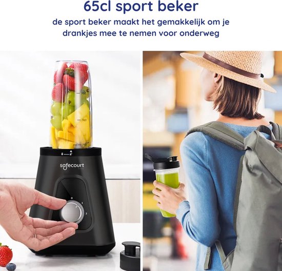 Safecourt Kitchen Blender - Blender puissant de 1200 watts avec gobelet To-Go - 3 supports - Noir