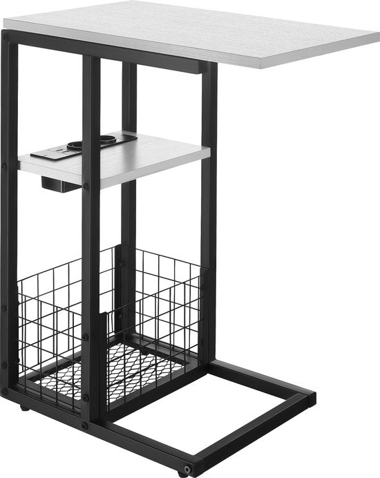 tectake® Table pour ordinateur portable avec station de charge - Prise de courant incluse - Table pour ordinateur en forme de C - Table d'appoint - Table de chevet - Avec porte-journaux et étagère supplémentaire - Blanc