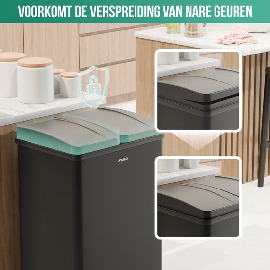 Avalo Trash Bin Waste Separation 60 Liter - Stainless Black - 2 Compartments - Environmentally Conscious, Hygienic & Fingerprint-Free - Pedal bin / Trash can