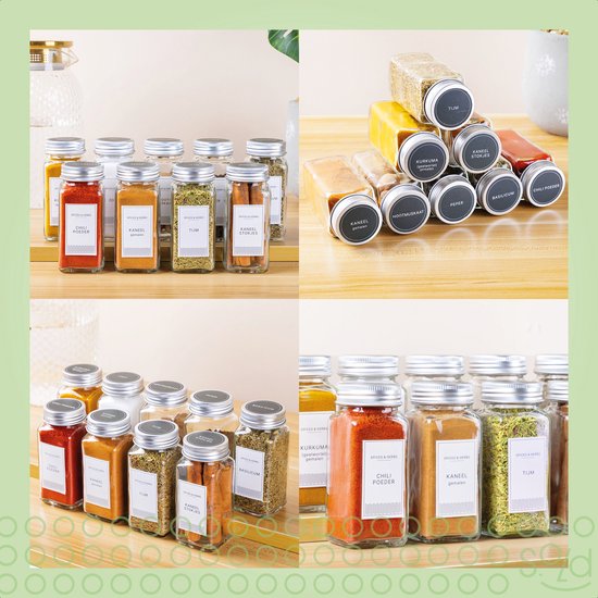 S.old - 36 pots à épices en verre carrés avec couvercle - Spice Spreader - Set complet avec couvercles à saupoudrer, autocollants préimprimés et entonnoir - Capacité 120 ml - 10,5 x 4,3 cm