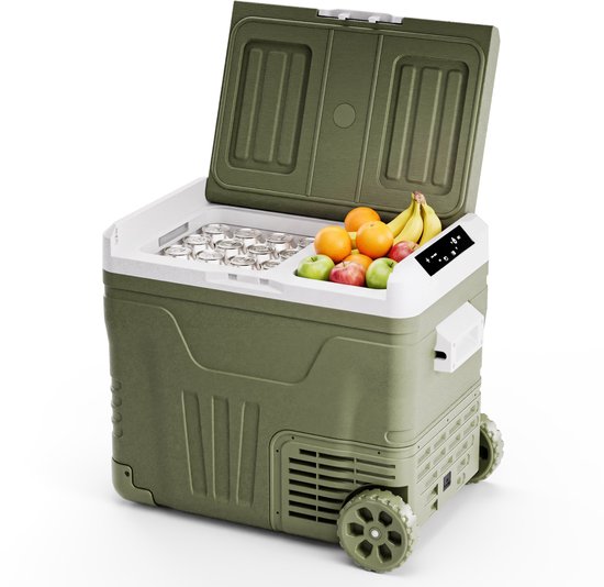 Auronic Electric Cool Box - Compresseur - 2 Zones - 45L - 12/24V et 240V - Réfrigération et congélation - Réfrigérateur de camping - Frigobox Auto - Avec roues et poignée - Vert