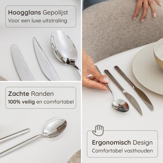 Deleca 6 Person Luxury Stainless Steel Cutlery Set Amor (36 pieces) - Spoons, Knives, Forks, Steak Knives & Pastry Forks - Lave-vaisselle - Silver Design Cutlery - 18/0 Stainless Steel