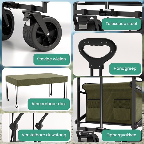 Avalo Bolderkar Avec Toit XL Pliable - Capacité de charge jusqu'à 110KG - 120L - 97x60x105 CM - Roues 360º - Bolderwagen / Bolderwagen / Chariot de plage / Chariot de randonnée / Bolderkar pliable - Pour la plage - Vert