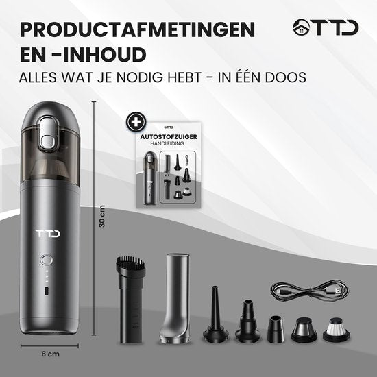 TTD® Premium Auto Vacuum Cleaner Cordless and Rechargeable - 17,000 Pa - Handheld Vacuumer - Blow & Suck - Heat Resistant - Compact design - With HEPA filter
