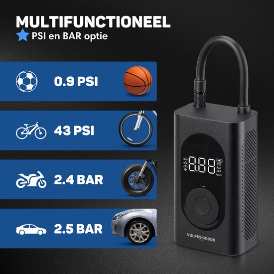 Vulpes Goods® Tech - Pompe à pneu portable à compresseur - 6400mAh - Pompe électrique pour vélo - Compresseur d'air pour voiture, scooter, vélo, ballon et matelas pneumatique - 7 accessoires inclus - Lampe de poche - Powerbank - PRO