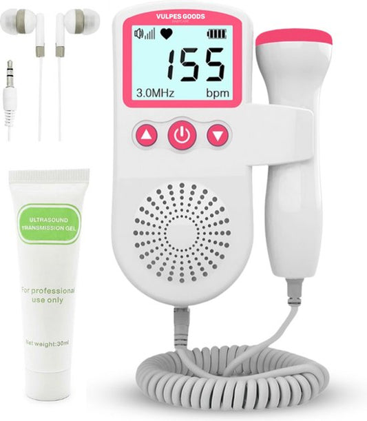 Vulpes Goods® BabyCare - Doppler Baby PRO - Baby Heart Monitor - Doppler fœtal - Doppler des battements cardiaques du bébé - Dispositif d'écho - Cadeau de grossesse - Rose - Gel d'échographie et bouchons d'oreille inclus