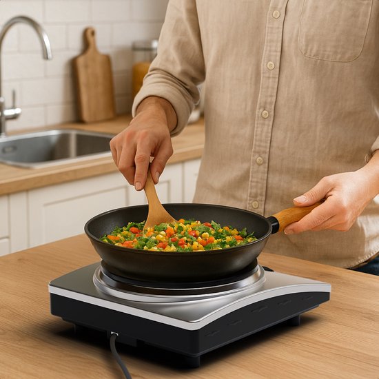 KitchenBrothers Table de cuisson électrique - 1 brûleur - pose libre - 7 niveaux de température - 1500W - inox/noir