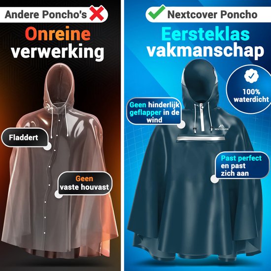 Nextcover Poncho de pluie pour femmes et hommes | Cape de pluie avec technologie AquaShield 2.0, coupe-vent et imperméable | Idéal pour le cyclisme, la randonnée et la pêche | Poncho de vélo Adultes Unisex Fit | Poncho
