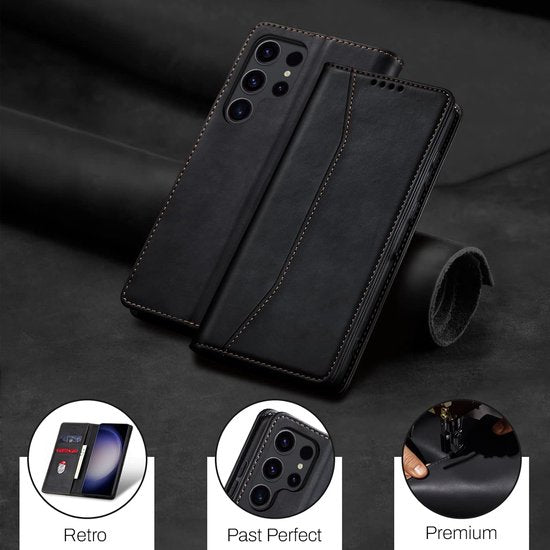 Podec Case with Card Holder Suitable for Samsung Galaxy S23 Ultra Black Phone Case - Anti-Shock Bookcase Cover with 1x Screen Protector