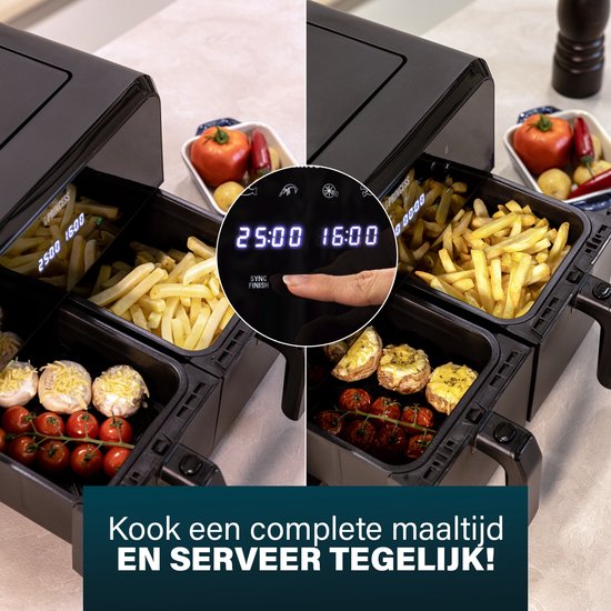 Princess Double Panier Airfryer 182068 - Friteuse à air double - 2 paniers x 4 litres - 8 programmes préprogrammés - Écran tactile - Noir
