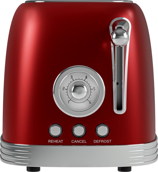KitchenBrothers Retro Toaster - Grille-pain - 6 niveaux de chaleur - 2 fentes extra-larges - 815W - Rouge