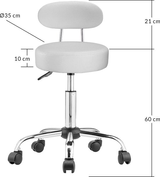 Casaria Tabouret pivotant avec dossier - Réglable en hauteur sur 360° - Blanc