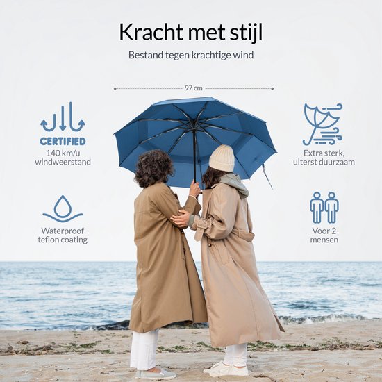 Parapluie Nohrd Storm - Bleu - Parapluie pliable - Perméable au vent - 140 km/h - Parapluies Storm - Pliage et dépliage automatique - Parapluies - Housse de protection incluse