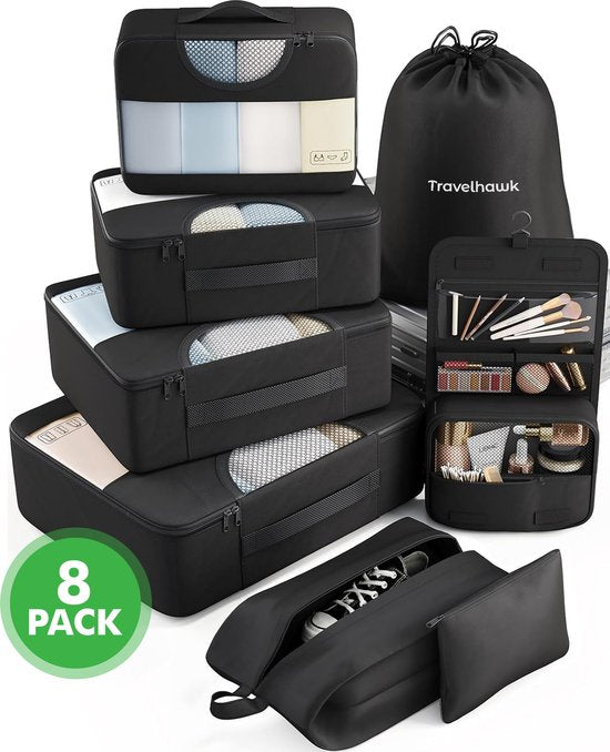 Travelhawk Packing Cubes - Kit d'organisation pour valise - Vêtements - Organisateurs de bagages - 8 pièces - Noir