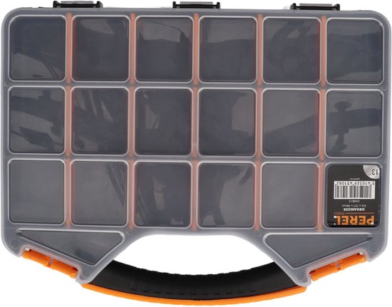 Boîte d'assortiment Perel, max. 20 compartiments, 16 séparateurs, couvercle transparent, empilable, 326 x 257 x 48 mm, jaune/noir