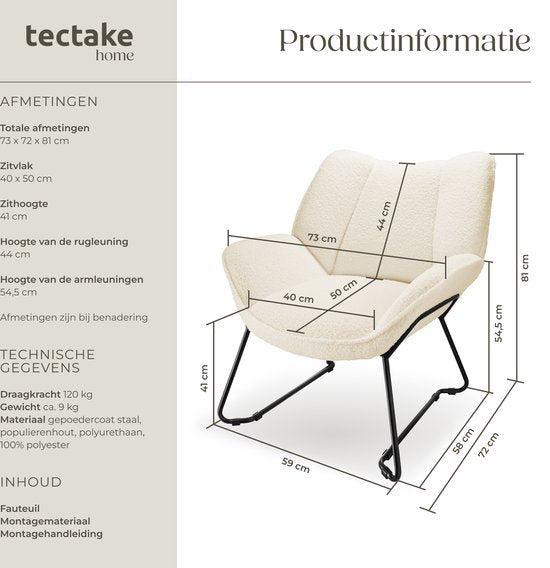 tectake® Chaise longue - Fauteuil relax rond - Fauteuil Teddy - Chaise tapissée - Revêtement bouclé - Fauteuil de lecture en peluche - Style scandinave - blanc crème