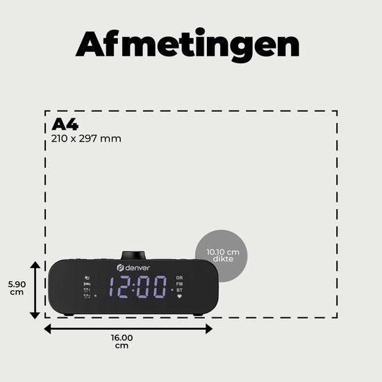 Denver Radio-réveil DAB avec Bluetooth - Réveil numérique - Chargement via USB-C - Radio FM - Double alarme - CRD515
