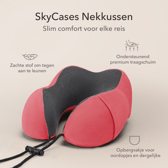 SKYCASES Travel Essentials - Ensemble d'oreillers de cou 3 pièces - Oreiller de voyage ergonomique en mousse à mémoire de forme avec masque pour les yeux et bouchons d'oreille - Idéal pour l'avion, la voiture et le train - Compact et luxueux - Rouge