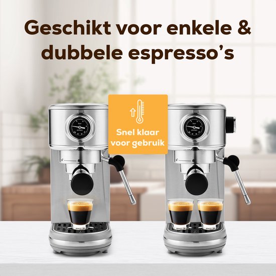 KitchenLove Piston Machine - Machine à espresso en acier inoxydable - 20 Bar - Manuelle - Avec buse vapeur