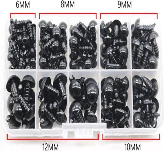 Yeux de sécurité Knaak - Yeux pour animaux - 6 - 12 mm - boîte de rangement incluse - 100 pièces - noir