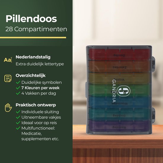 Pilulier Gandria 7 jours - Pilulier amovible - Boîte à médicaments avec 28 compartiments - Boîte à médicaments avec fermeture solide - 4 compartiments par jour - 7 couleurs