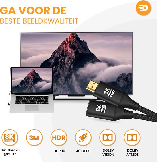 Drivv. Câble d'extension HDMI Premium 2.1 - mâle vers femelle - 3 mètres