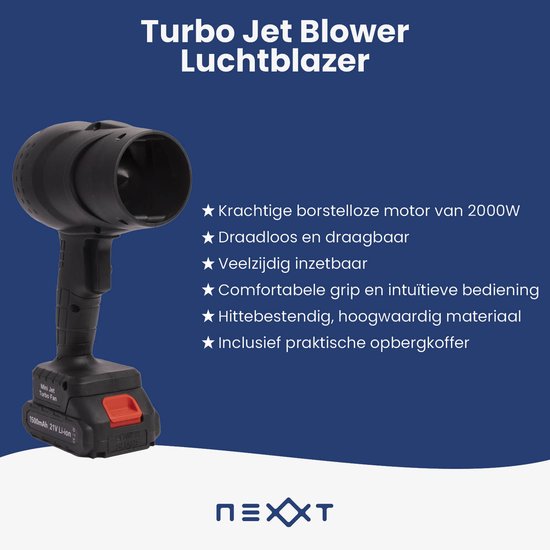 Nexxt Turbo Jet Blower Souffleur d'air - Turbo ventilateur sans fil - Dépoussiéreur d'air - Pistolet à air compatible avec d'autres batteries - 35,000 RPM - 550 G de pression d'air - 2000W