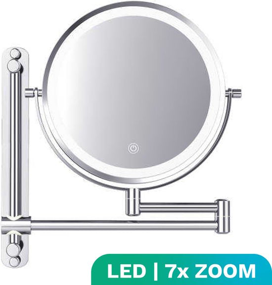 Mirlux Miroir de maquillage avec éclairage Led - rechargeable - grossissement 7X - Miroir grossissant avec lumière - Miroir de rasage - Miroir de salle de bain - Chrome