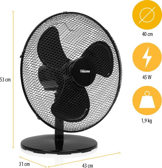 Ventilateur de table 40 cm - 3 vitesses - Oscillation 85° - Débit d'air réglable - Tristar VE-5728 - Noir