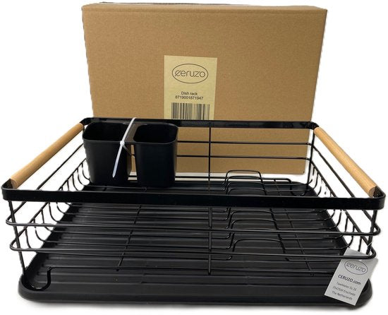 Ceruzo Porte-vaisselle avec égouttoir - Porte-couverts - Egouttoir en métal - Egouttoir en plastique - 42x31x15cm- Noir