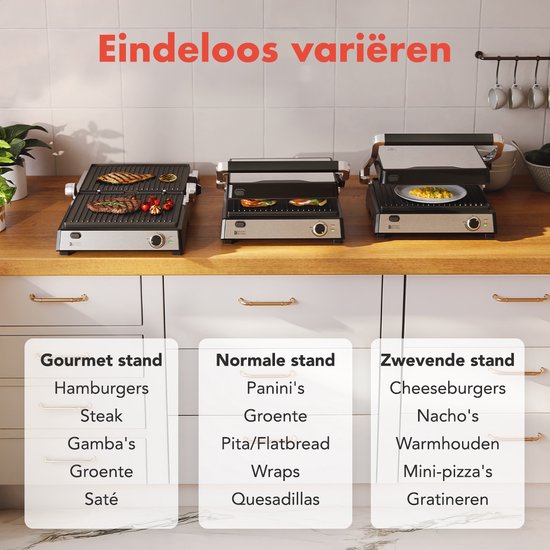 KitchenBrothers Contact Grill Deluxe - Appareil à griller - Plaques de gril amovibles - Gril à panini - 5 réglages de hauteur - 2000W - acier inoxydable