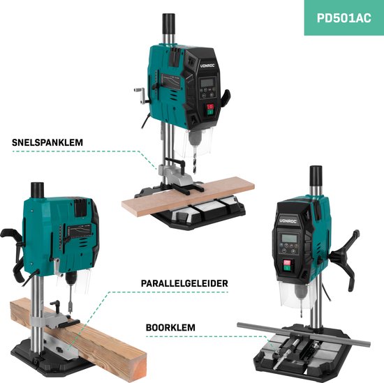 Perceuse à colonne VONROC 900W - perceuse de table - panneau de contrôle digital avec écran LCD - laser de ligne transversale et lampe de travail LED - Comprend une pince rapide, une pince de perçage et un guide de parallélisme