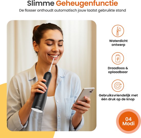 Fil dentaire Goliving - 5 accessoires - 4 supports - sac de voyage inclus - bain de bouche 300 ml - Fil dentaire électrique - sans fil et rechargeable par USB - noir
