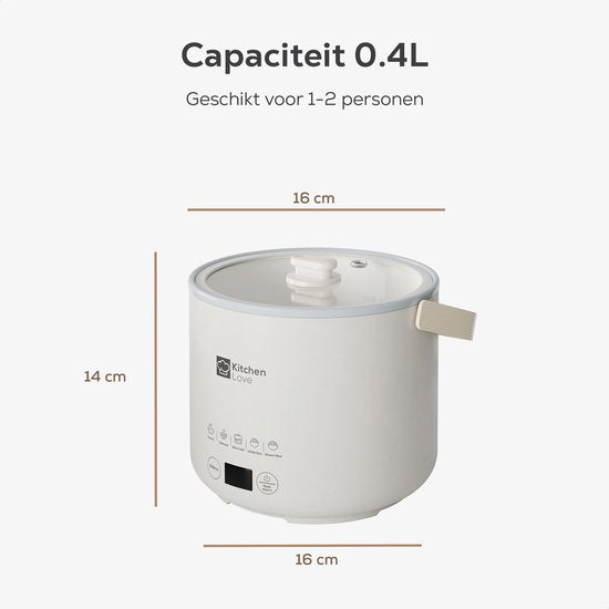 KitchenLove Cuiseur de riz - 0.4L - Multicuiseur - Cuiseur de riz - Mijoteuse - 1 à 2 personnes - Petit - Blanc crème