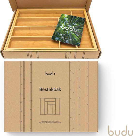 Budu Range-couverts extensible en bambou #43 (43 cm de profondeur) - Cassette à couverts en bois - Tiroir à couverts - 43 x 32.2 - 53 cm - 6/8 compartiments