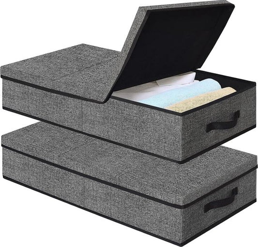 Boîte de rangement sous le lit, avec couvercle, 2 pièces, avec couvercle, 50 l, noir, commode sous le lit avec 2 cloisons et poignée, boîte sous le lit pliable pour couettes, couvertures, vêtements, jouets