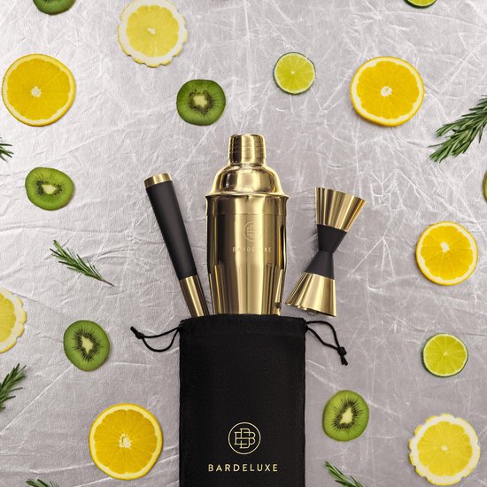 BarDeluxe® Cocktail Set - 3 pièces 750 ml Cocktail Shaker with Jigger & Stamper - Includes Dutch Recipe Book - Luxury Gift - Gold