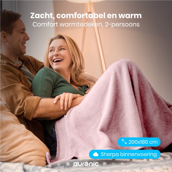 Couverture électrique Auronic - 200x180cm - Couverture chauffante - 2 personnes - Polaire Sherpa - 9 niveaux de chaleur et minuterie - Couverture - Couverture chauffante - Rose