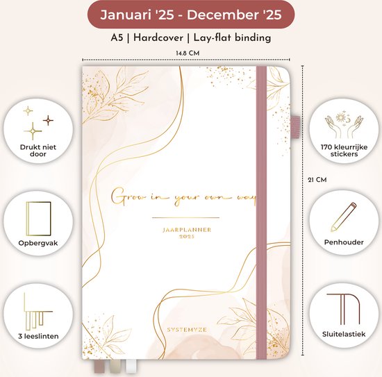 Systemyze Agenda 2025 Adultes - Planificateur - Journal - Organiseur - Feuilles d'autocollants incluses - Format A5 - Rose
