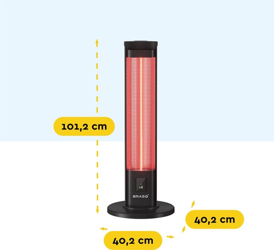 BRASQ Chauffe-terrasse électrique sur pied - 2000 watts - 3 niveaux de chaleur - avec télécommande et minuterie - Chauffage infrarouge - résistant aux éclaboussures - chauffage pour l'intérieur et l'extérieur - Noir