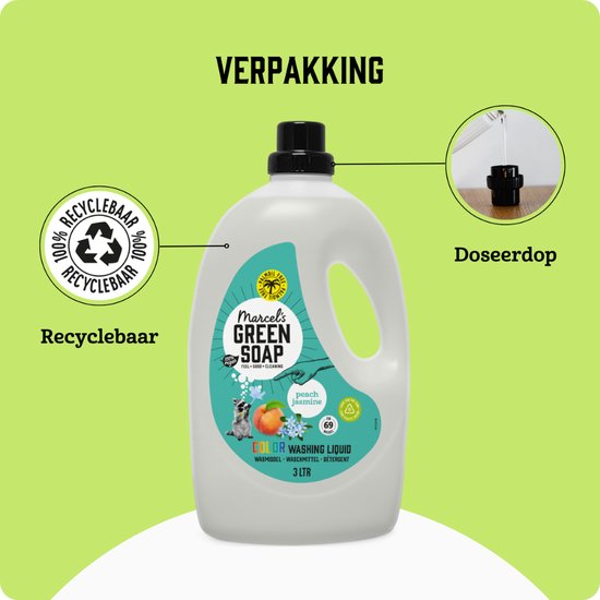 Détergent liquide Marcel's Green Soap - Grand paquet - Pêche et Jasmin - 3L - 69 lavages