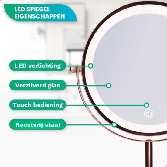 Mirlux Miroir de maquillage avec éclairage LED - lumière grossissante 10x - miroir de rasage petit sur pied - 3 niveaux d'éclairage - rechargeable - miroir grossissant rose or