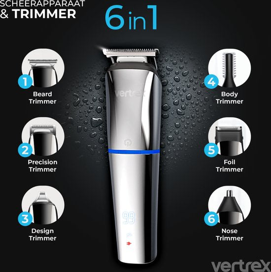 Vertrex 6 in 1 Beard Trimmer Pro+ Bodygroomer Men - Nose trimmer - Clippers - Shaver - Trimmer Beard and Body