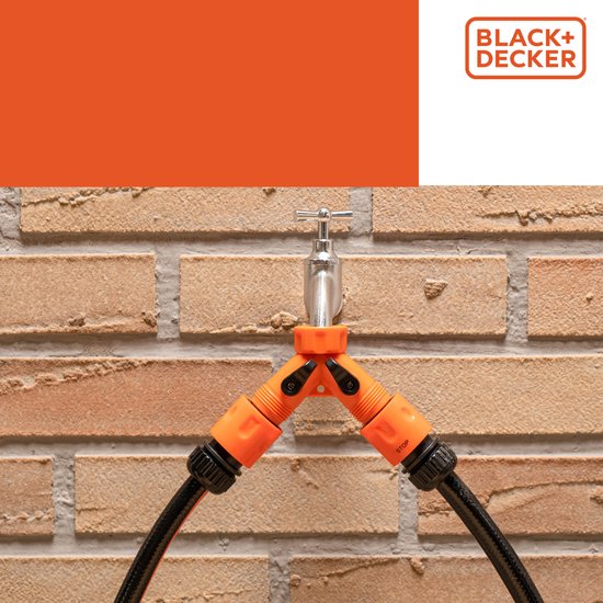 BLACK+DECKER Double Tap Fitting Garden Hose - Raccord pour tuyau d'arrosage - Raccords de robinet 3/4" - Butée d'eau intégrée - Régulation du débit d'eau - Plastique - Orange/Noir