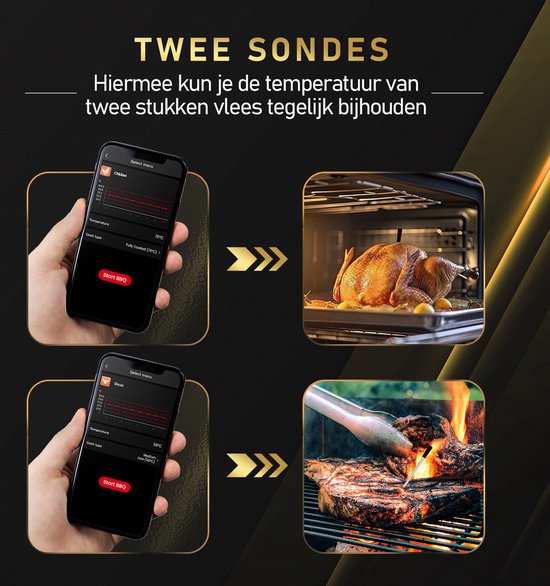 MostEssential Thermomètre à viande intelligent - sans fil - portée de 80 m - autonomie de 36 heures - Bluetooth 5.2 - batterie 2000mAh - édition double sonde