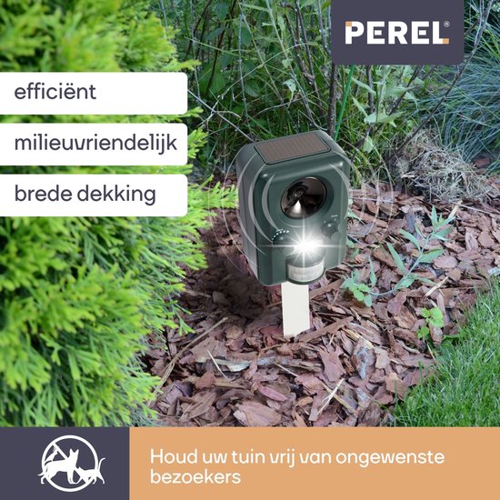 Perel Répulsif ultrasonique à énergie solaire, extérieur, répulsif contre les souris, les rats, les insectes, les chats, les martres, les oiseaux, les renards, effraie les chats, répulsif contre les martres, rechargeable par usb, jusqu'à 65m².
